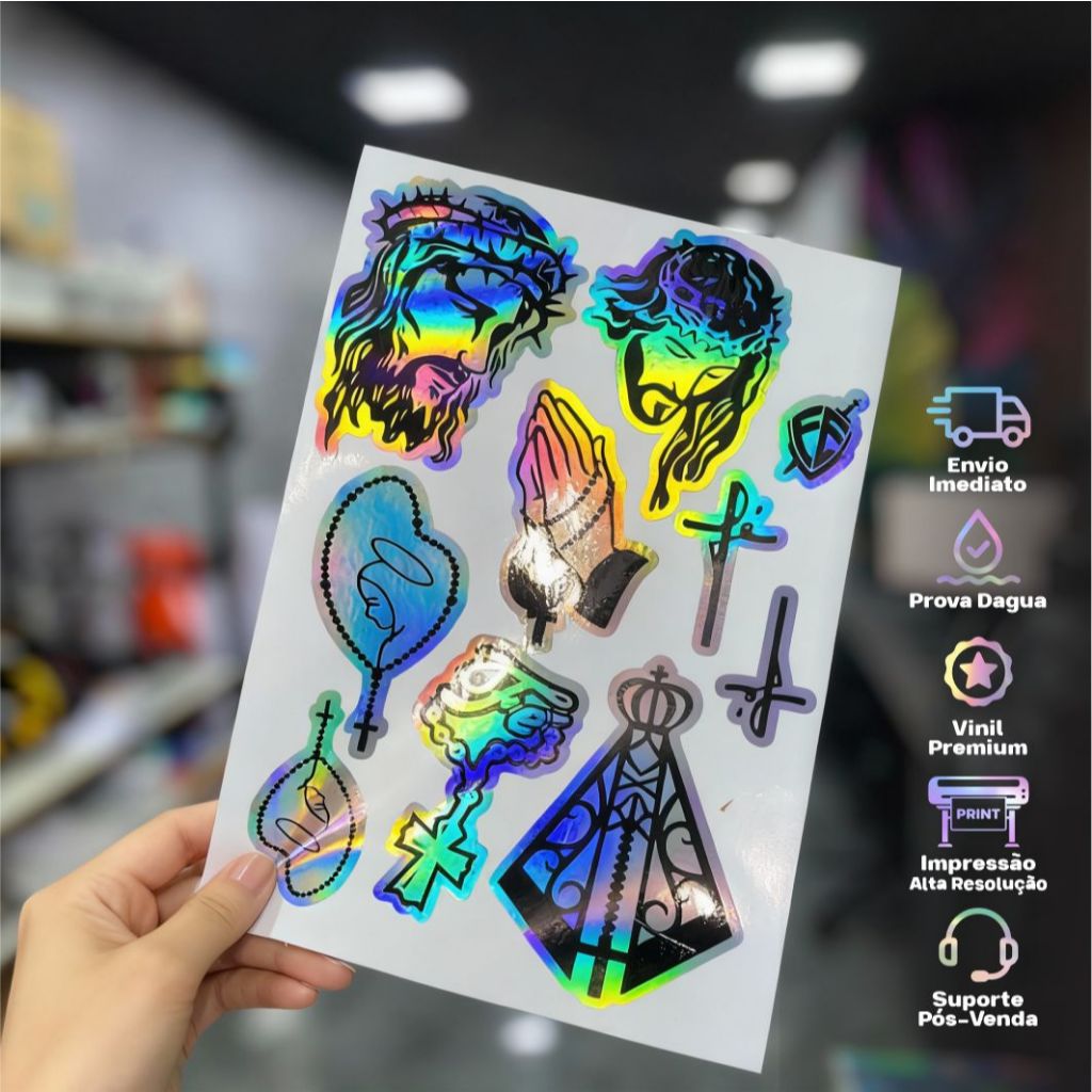 Detalhes do Adesivos Religiosos Holográficos – Jesus, Nossa Senhora, Terço, Cruz, Fé
