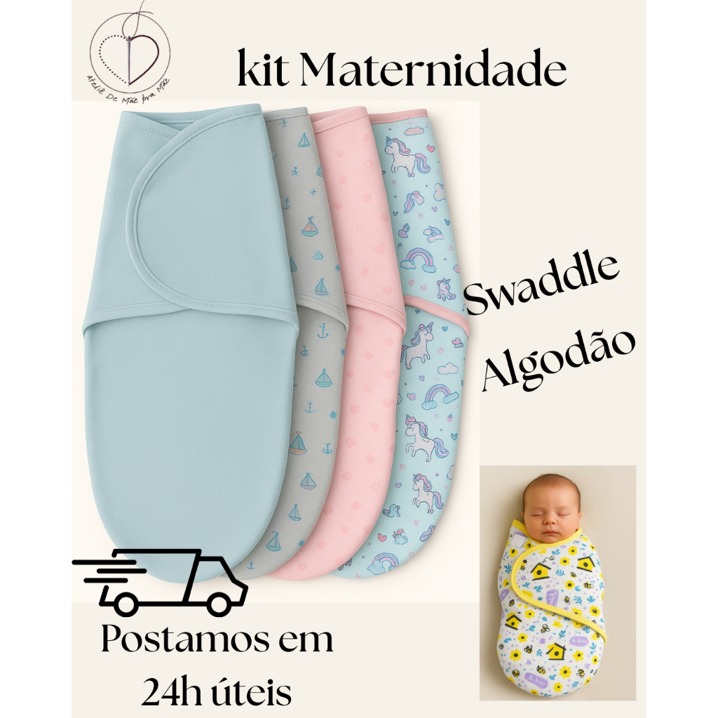 Kit Maternidade 2 3 4 Unidades Manta Charutinho Swaddle 100% Algodão Ajustável Cueiro para Bebê Recém Nascido
