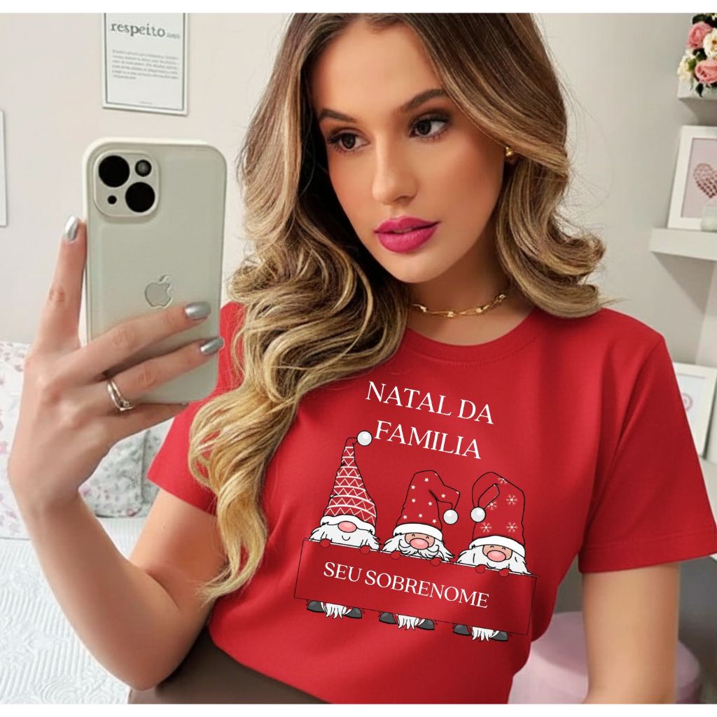 Camiseta 100% Algodão Natal Da Família Personalizado Sobrenome Natalina Festas Fim de Ano Fofa