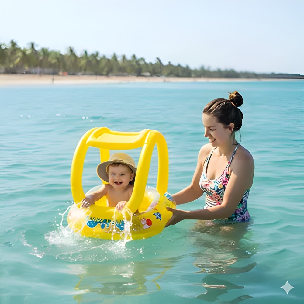 KIT Bomba de ar + Boia Bote Bebê Inflável com Assento e Cobertura Superior Removível para Proteção contra o Sol