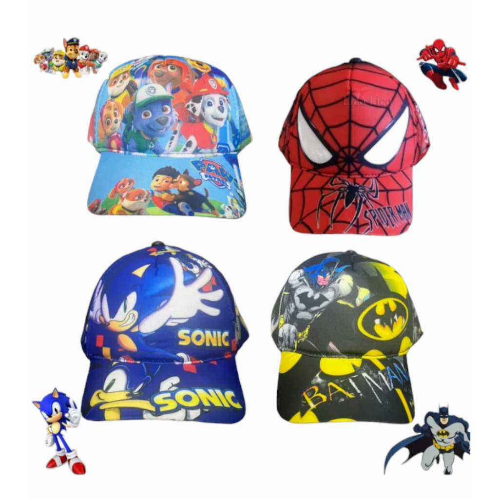 Boné Infantil Personagem Com Ajuste Sonic Homem Aranha Batman Hulk Patrulha Canina Escolha Seu Personagem