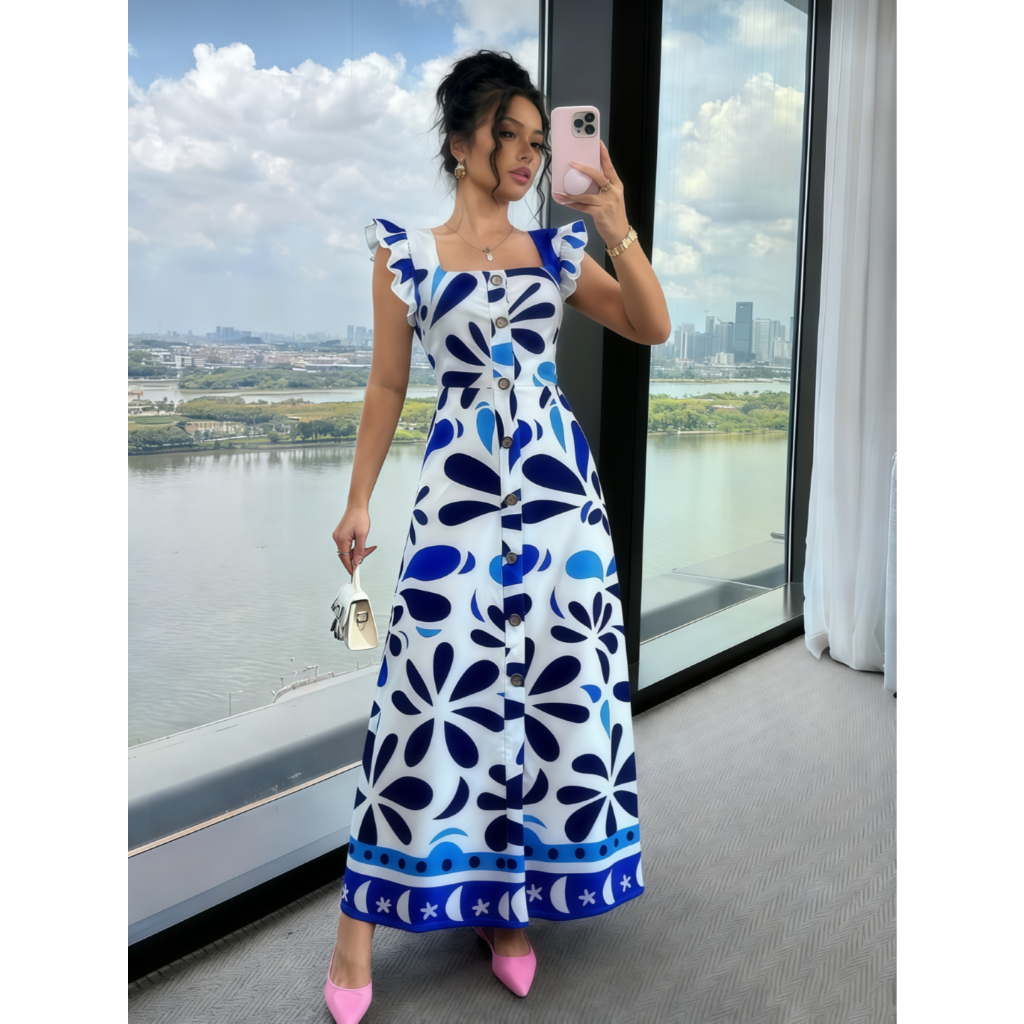 Vestido Longo Estampado Elegante de Estilo Boho para Férias de Verão Mangas Curta Cintura com Pregas para Mulheres em Oferta na Shopee