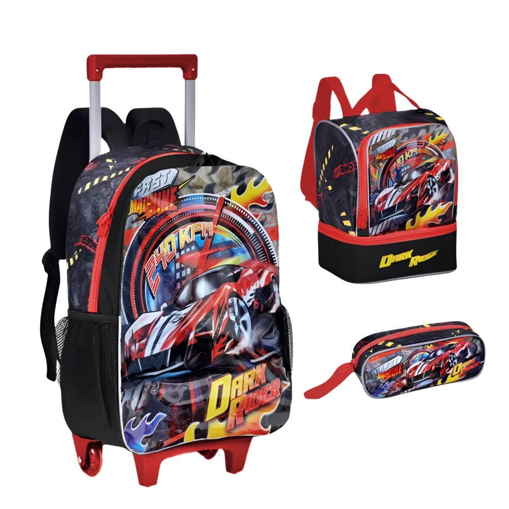 Kit Mochila Escolar Menino de Rodinhas Carro e Lancheira Térmica com Estojo Carrinhos