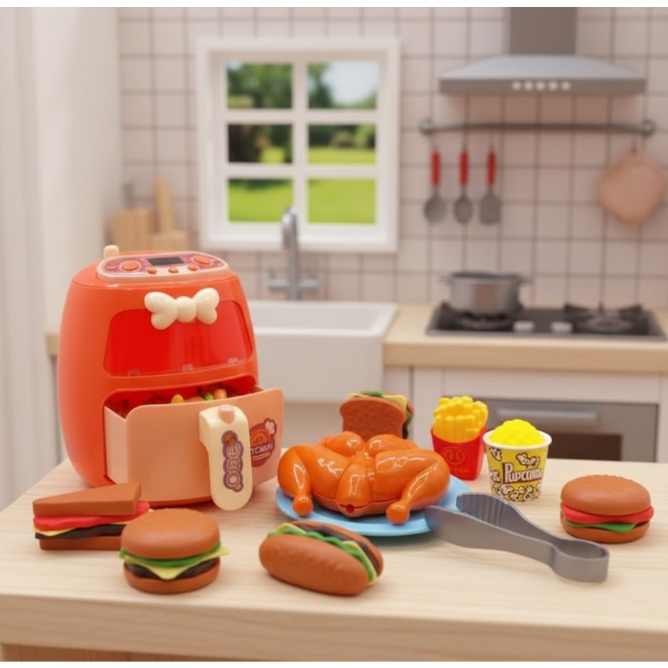 Brinquedo Air Fryer Infantil Com Luz Sons Mini Fritadeira Elétrica Cozinha Criança Acessórios Luzes
