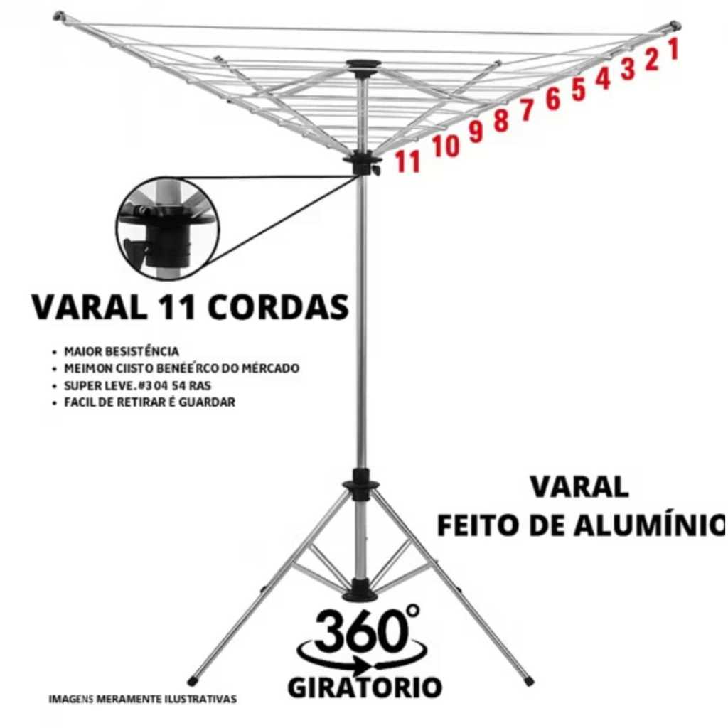 VARAL DE CHÃO GIRATORIO 11 CORDAS 100 % ALUMINIO GRANDE REFORÇADO BI-PARTIDO