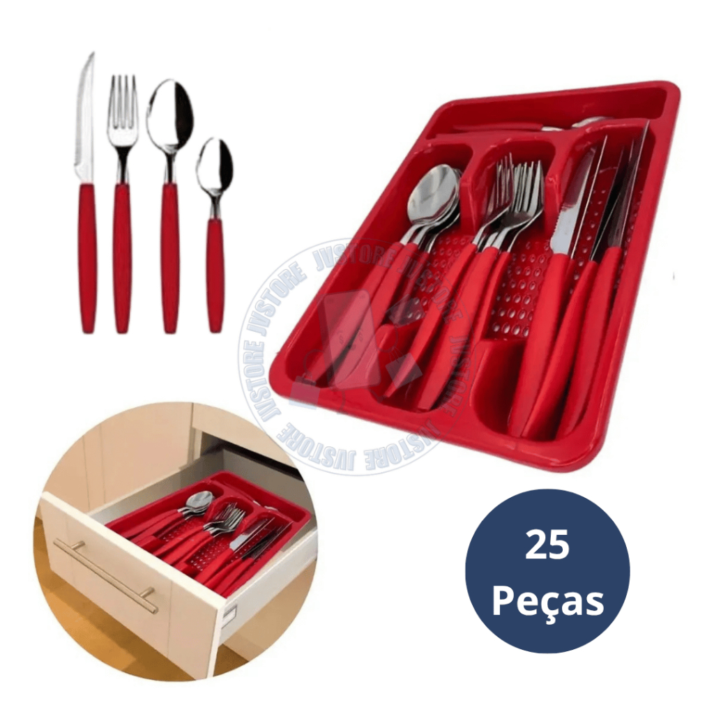 Jogo De Talheres Faqueiro 25 Peças Inox Conjunto Com Porta Garfos Colheres E Facas Organizador