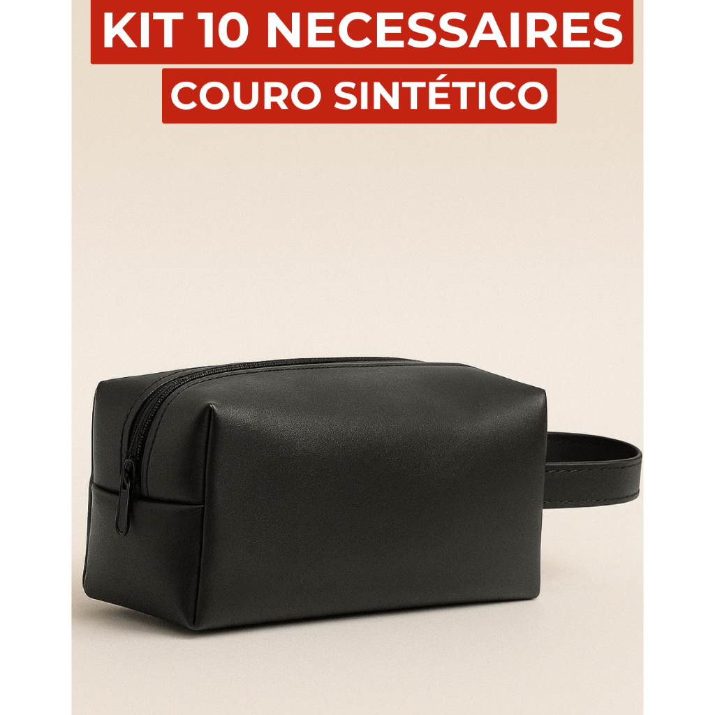 Kit com 10 Necessaires Couro Sintético Bolsa de Mão Feminina Masculina Organizador Estojo Cosméticos Viagem  Maquiagem