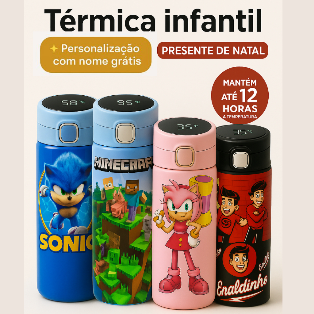 Garrafa Térmica Infantil Digital com Trava e Bico – Mantém 12h | Sonic, Enaldinho, + Nome de Graça em Oferta na Shopee