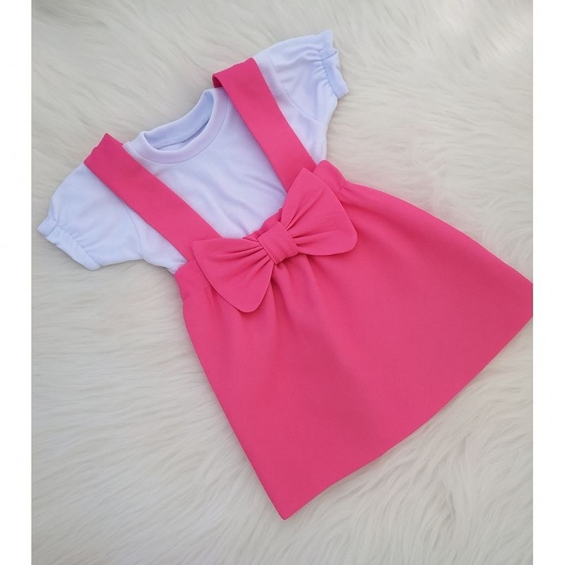 jardineira infantil de menina de salopete Rosa chiclete com blusa+ jardineira+ laço