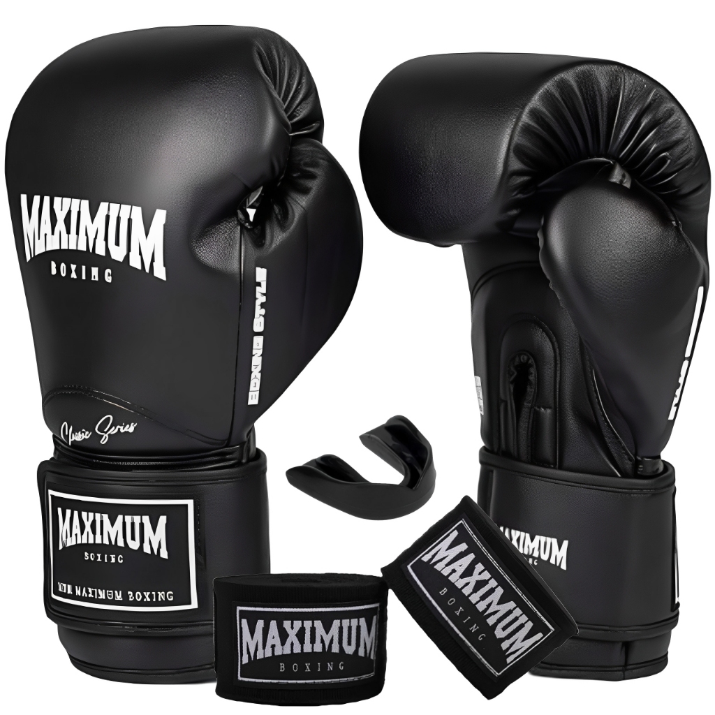 LUVA MUAY THAI BOXE KICKBOXING + BANDAGEM 3M + PROTETOR BUCAL - MAXIMUM - (ESCOLHA O SEU MODELO)