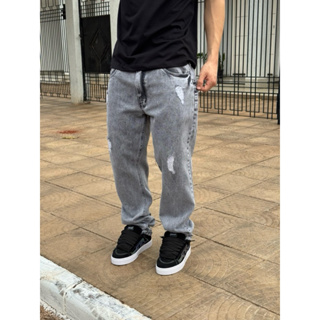 calça jeans reta destroyed cinza estonada em Oferta na Shopee