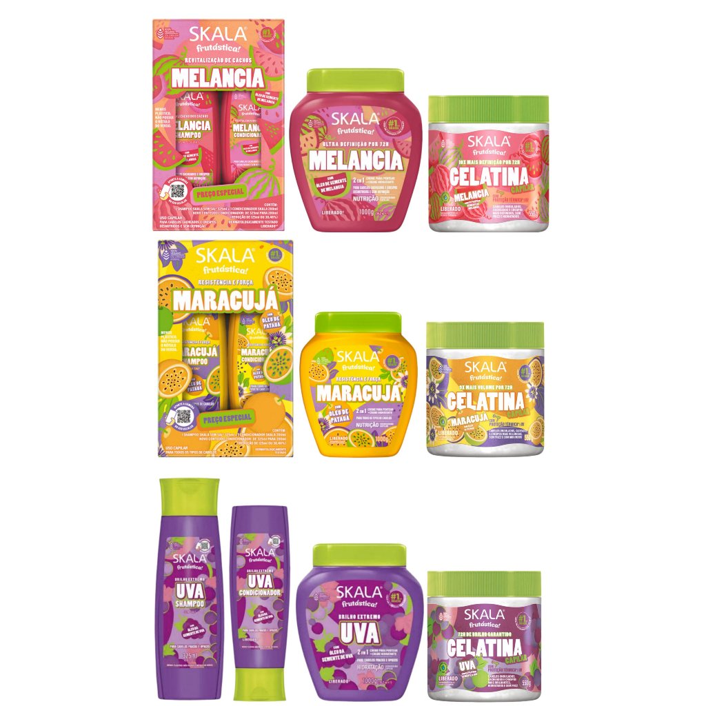 Kit Skala Frutástica Uva Melancia Maracujá Shampoo Condicionador Creme e Gelatina Nutrição Definição