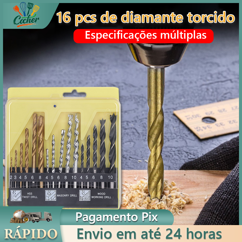 Kit Jogo De Brocas Estojo 16 Peças Madeira Metal Concreto