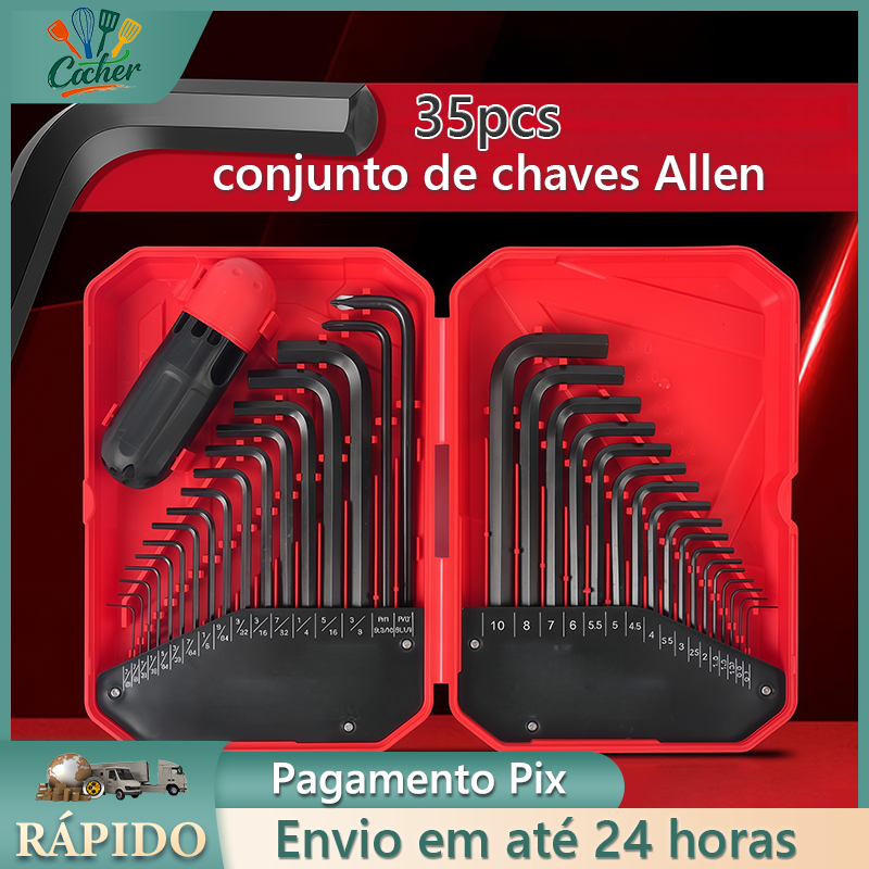 Jogo De Chaves Allen 35Pçs Métrica E Polegada Aço Liga