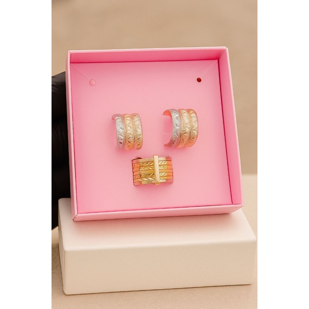 Kit Completo Anel 7 Elos 3 Cores e Brinco 3 Cores – Joia Banhada a Ouro 18K - Noah Joias