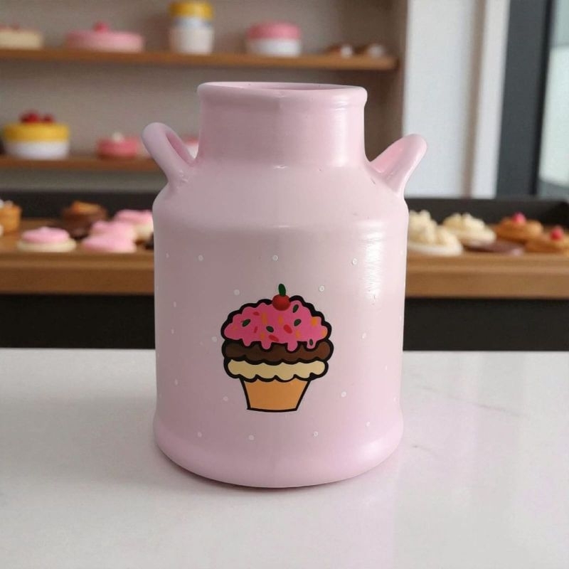 Vaso Leiteira Rosa em Cerâmica com Cupcake – Decoração Criativa e Fofa para Cozinha ou Cantinho do Café