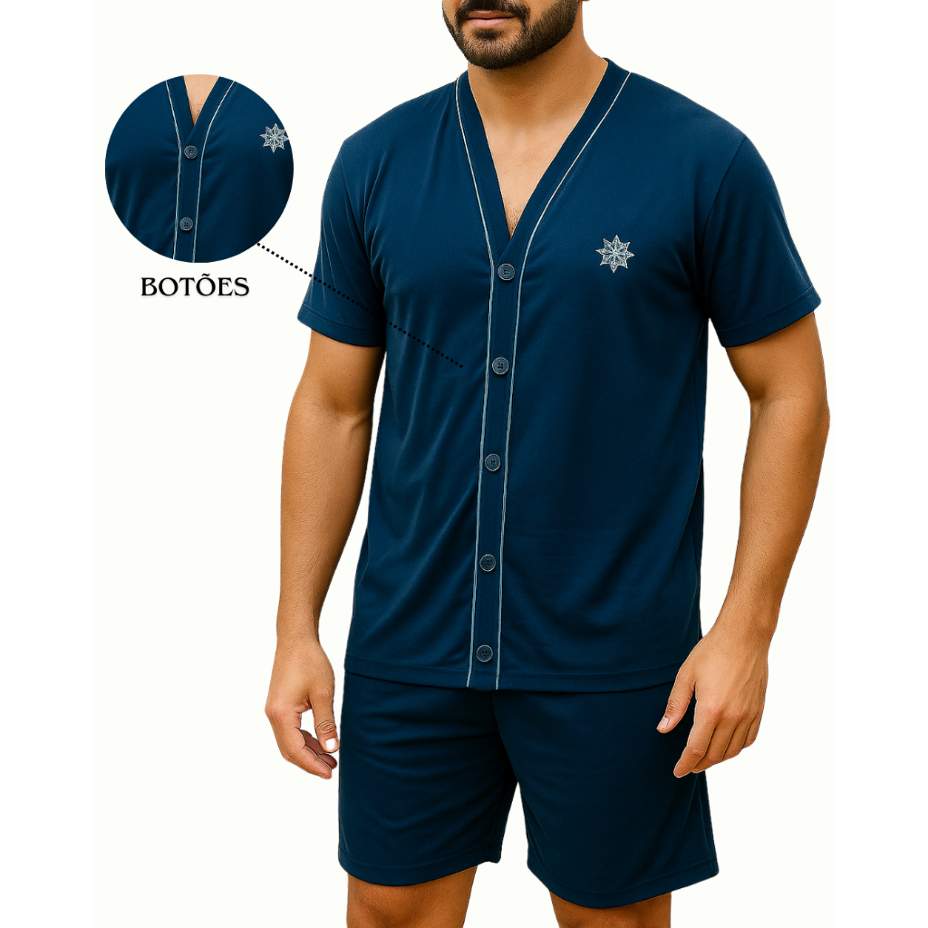 Pijama Masculino de Botão Pós Cirúrgico Meia Manga Bermuda Short Idoso Malha