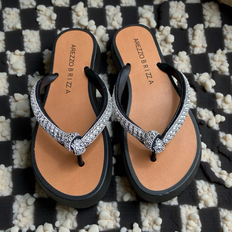 Chinelo Feminino confortável Plataforma Flat Sola Alta com Nó de strass tira brilhante