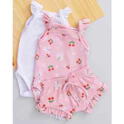 Kit 3 Peças Bebê Verão Fresquinho Menina Body e Tapa Fralda Infantil Babado com Estampa de Cereja Rosa