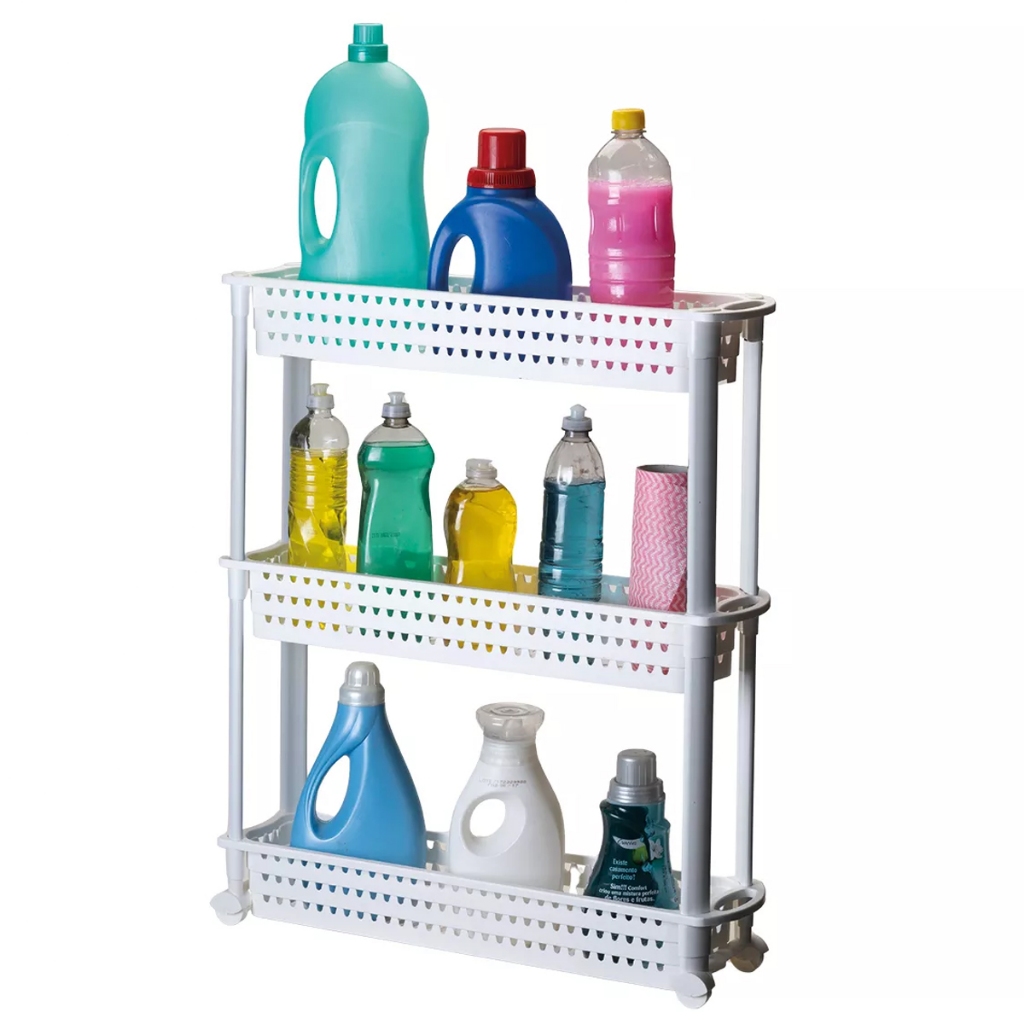 Prateleira Slim Arthi 3 Andares c/ Rodinhas e Alça Branca Preta Montagem Sem Ferramentas