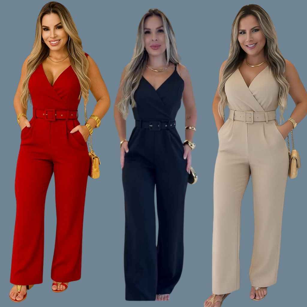 Macacão Feminino Alfaiataria com Cinto Decote V Bolso M G GG 🔥 Elegante e Confortável Premium