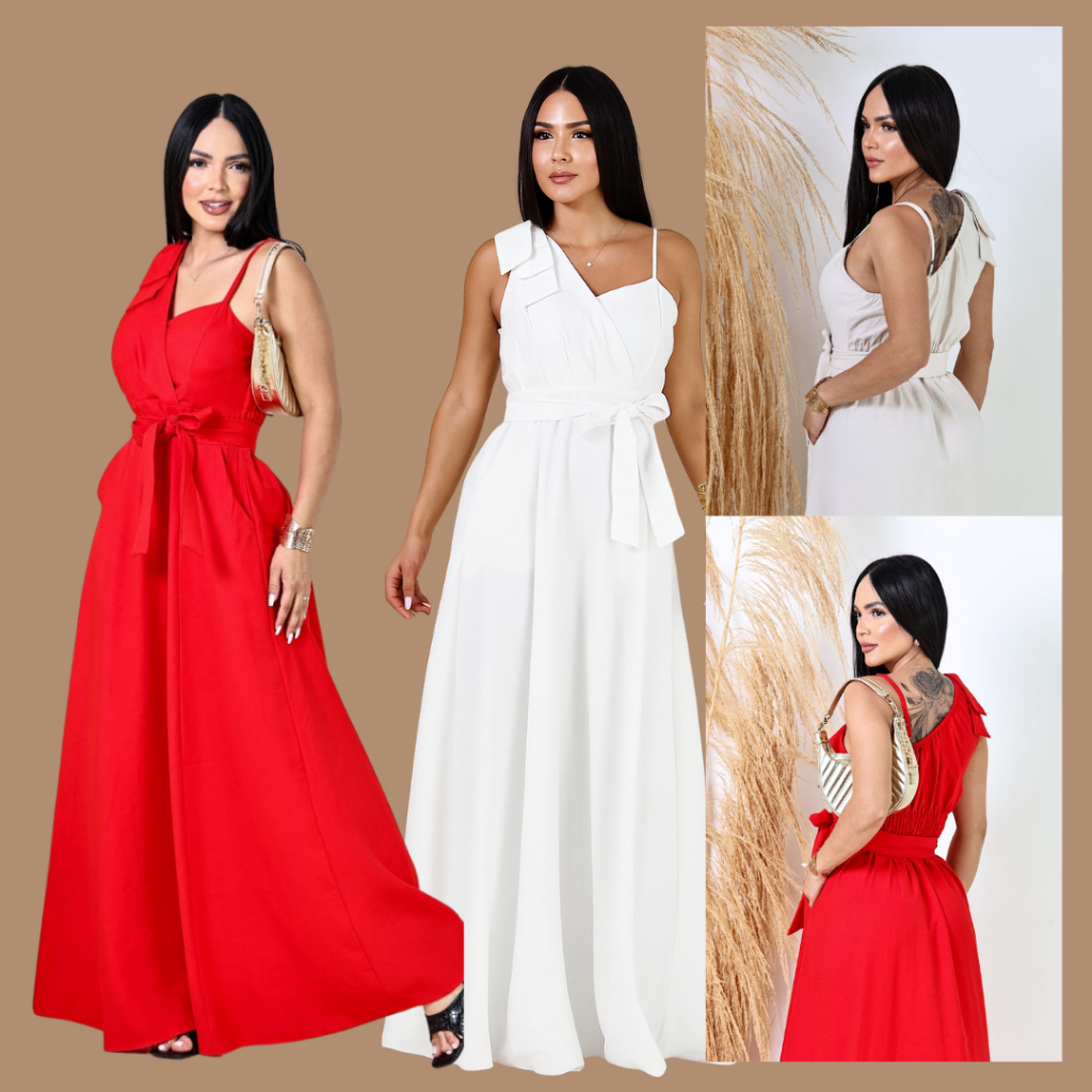 Vestido Longo Sensorial com Bojo, Lastéx nas Costas, Bolsos Funcionais, Cinto de Amarrar e Detalhe na Alça