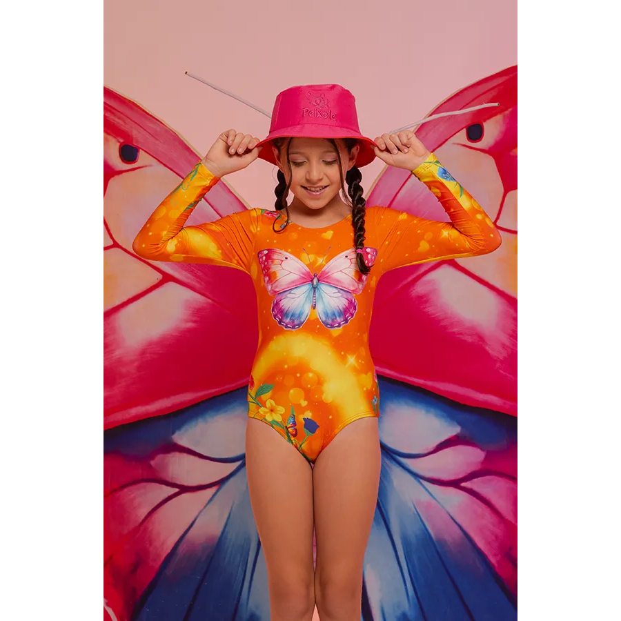 Body Infantil Manga Longa Jardim das Borboletas | Roupa Praia Piscina UV 50+ | Menina Verão Encantado
