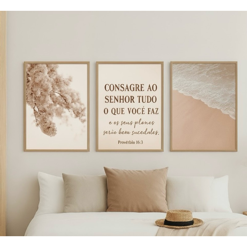 Kit 3 Quadros Decorativos Marrom e Bege Quarto Casal Sala Frase Bíblica Versículo Consagre ao Senhor em Oferta na Shopee