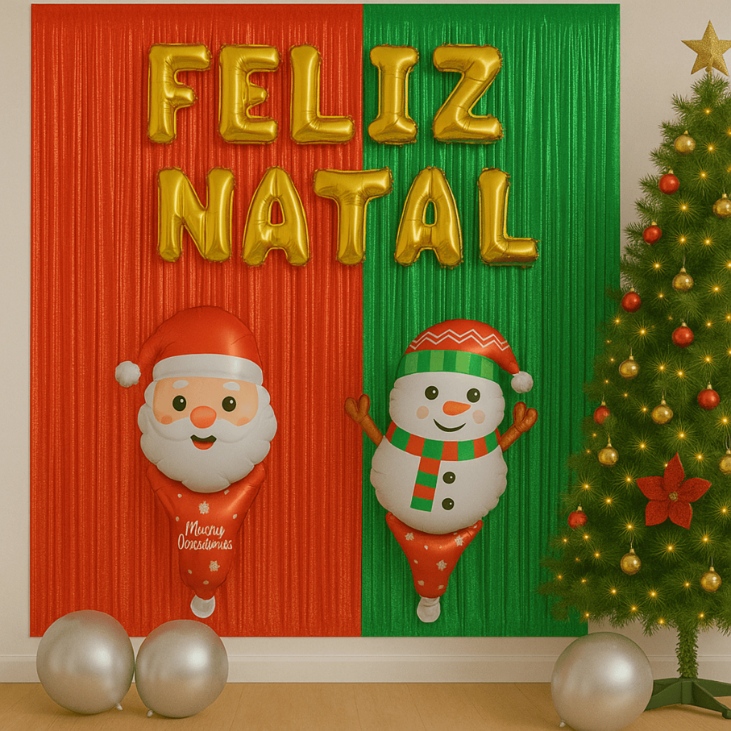 Kit Balões Feliz Natal + 2 Cortinas Metalizadas Lisa 2MX1M + 2 Balões de Papai Noel