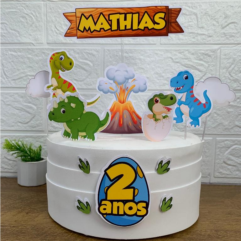 Topo de Bolo Dinossauro Baby Personalizado nome e idade Aniversário Mesversário