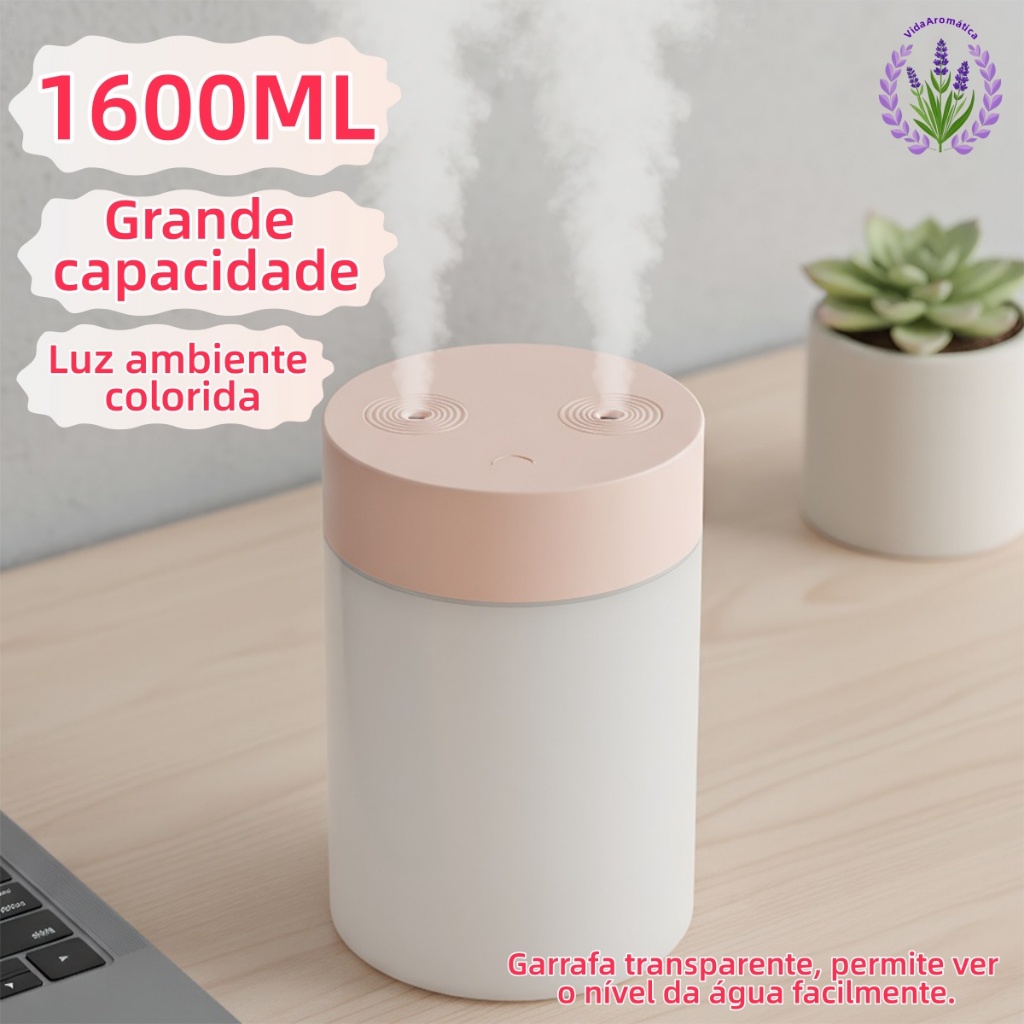 Umidificador Grande 1600ml Saída Dupla Luzes LED's Coloridas Silencioso e Neblinas Controláveis