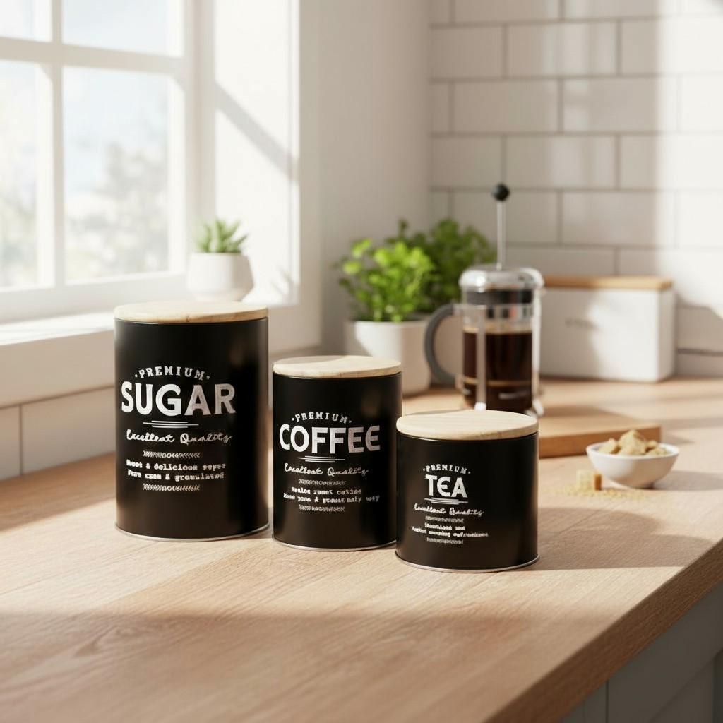 Kit 3 Potes Cozinha Rústicos Ferro Preto Açúcar Café Chá Decoração Moderna Armazenamento Hermético em Oferta na Shopee