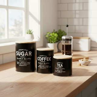 Kit 3 Potes Cozinha Rústicos Ferro Preto Açúcar Café Chá Decoração Moderna Armazenamento Hermético em Oferta na Shopee