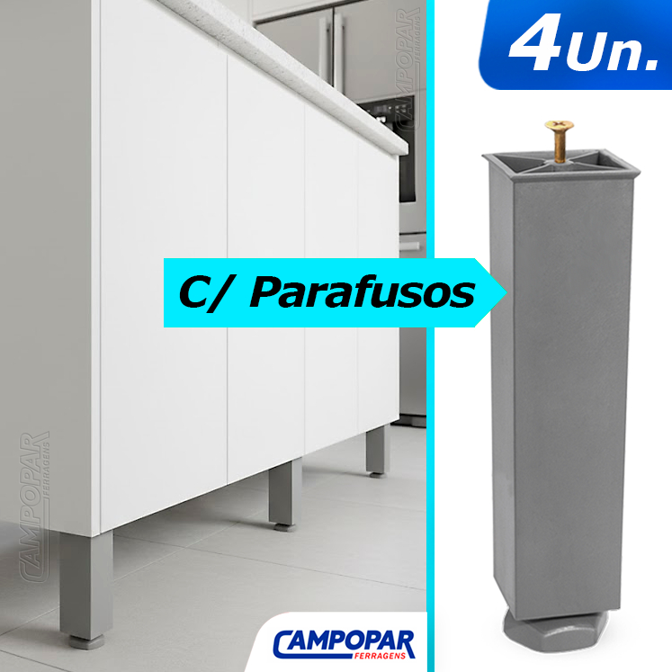 Kit 4 Pés Para Móveis Armário, Cozinha, Gabinete Regulagem De 17 A 19cm + Parafuso em Oferta na Shopee