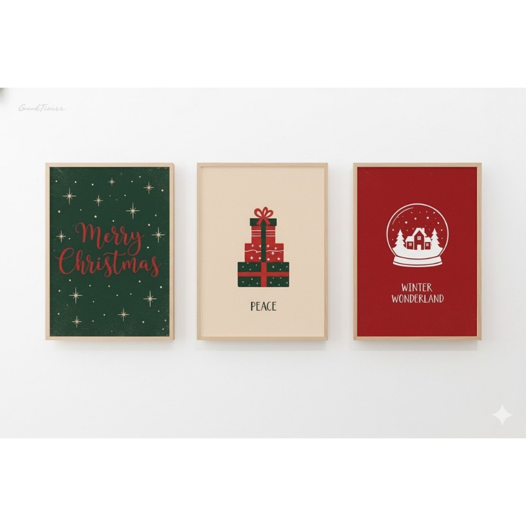 Quadros Decorativos Natal Merry Christmas Presentes Peace Winter Wonderland (3 peças)