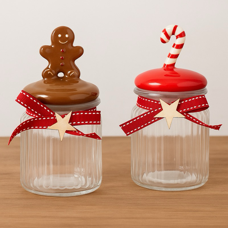 Pote de Vidro 300ml Natalino com Tampa Decorada Biscoito e Bengala Decoraçâo de Natal