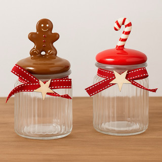 Pote de Vidro 300ml Natalino com Tampa Decorada Biscoito e Bengala Decoraçâo de Natal