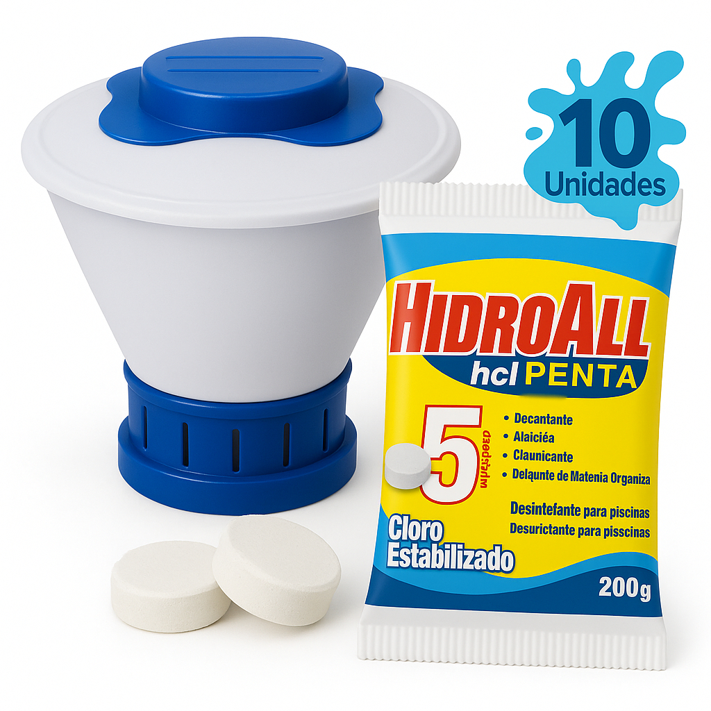 Kit 10 Pastilhas de Cloro Piscina - Hcl Penta HidroAll 5x1 + Clorador Flutuante