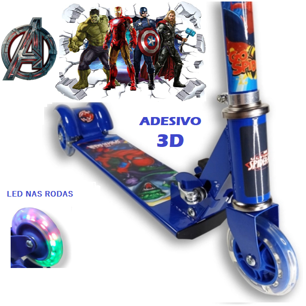 Patinete Infantil Vingadores Menino Azul Avengers De Ferro Dobrável Led Nas Rodas Buzina Até 35kg