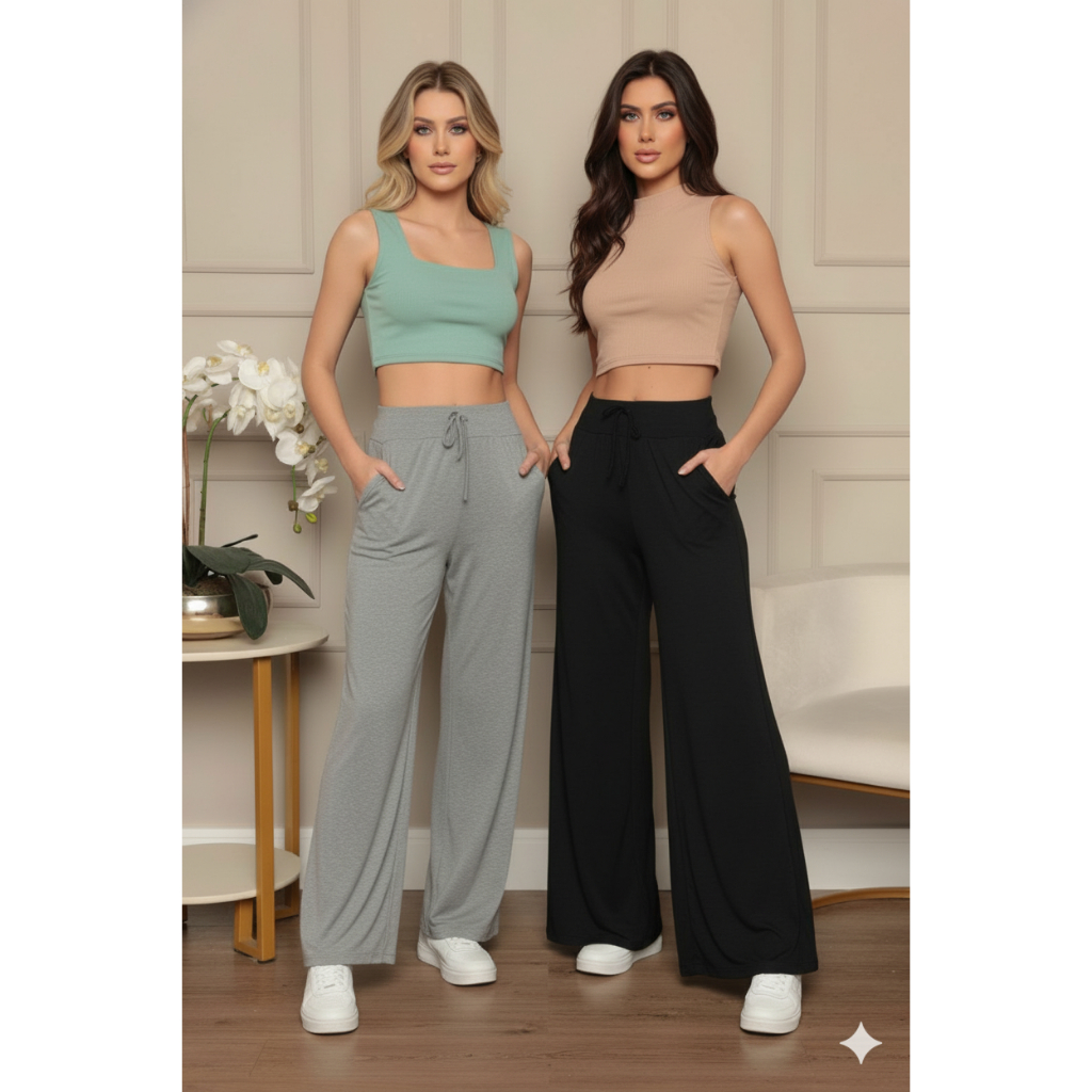 Calça Pantalona Inverno Wide Leg Malha de Viscose Amarração Soltinha Confortável com Bolsos