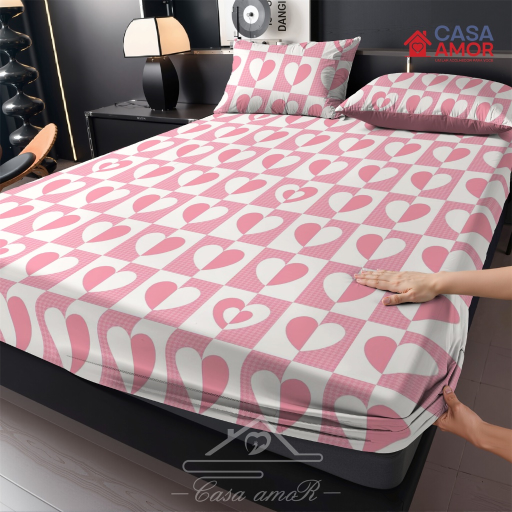 Corações Jogo De Lençol 03 Peças SOLTEIRO CASAL QUEEN Percal Estampado Com elástico não desbota