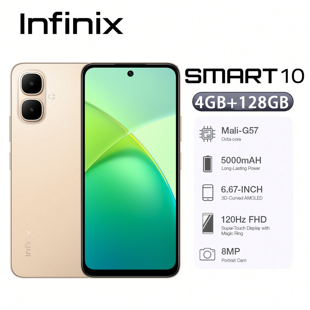 Celular Infinix Smart 10 Dual Chip 128GB + 4GB RAM | Tela 120Hz | Som Duplo | IP64 | Dourado
