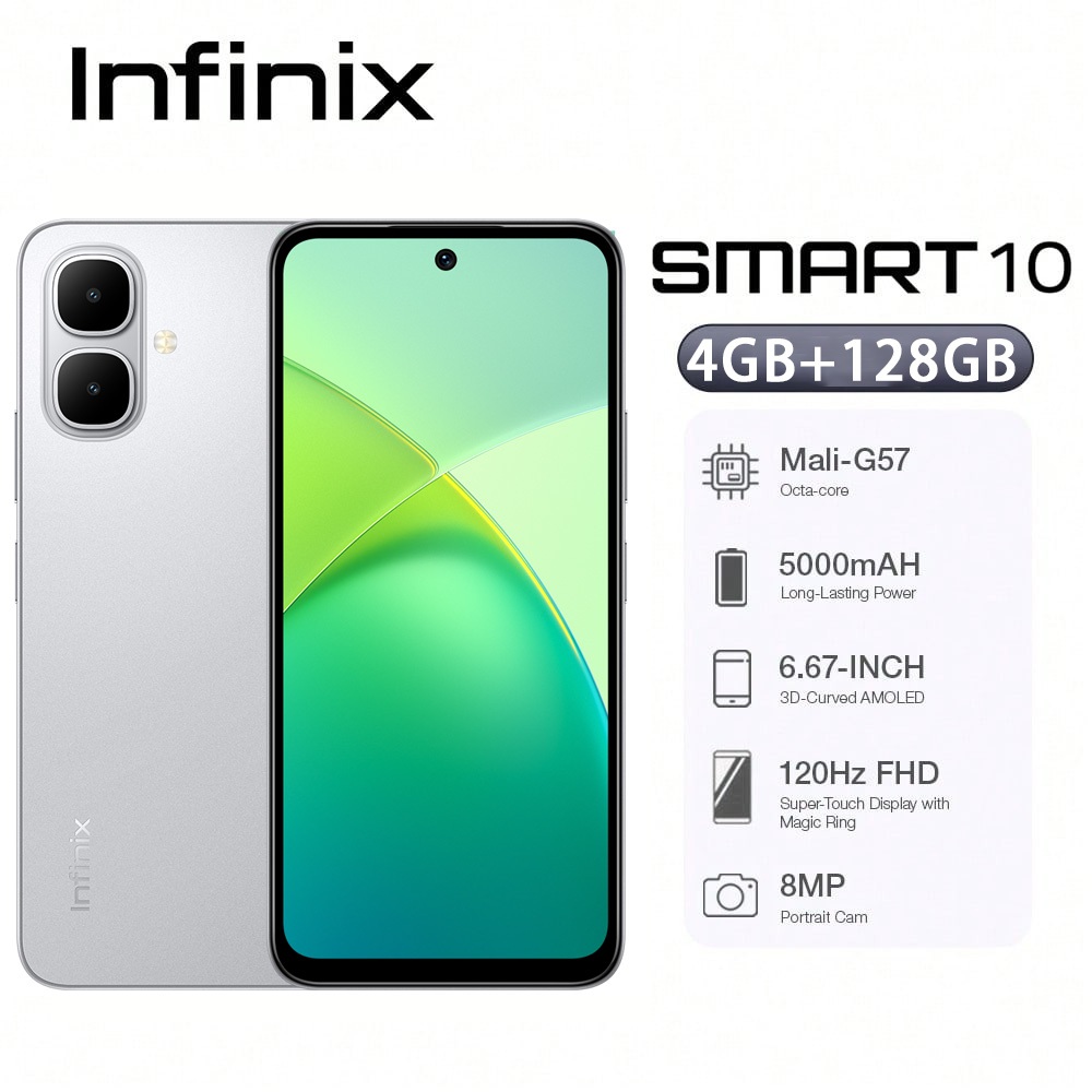 Celular Infinix Smart 10 Dual Chip 128GB + 4GB RAM | Tela 120Hz | Som Duplo | IP64 | Prateado