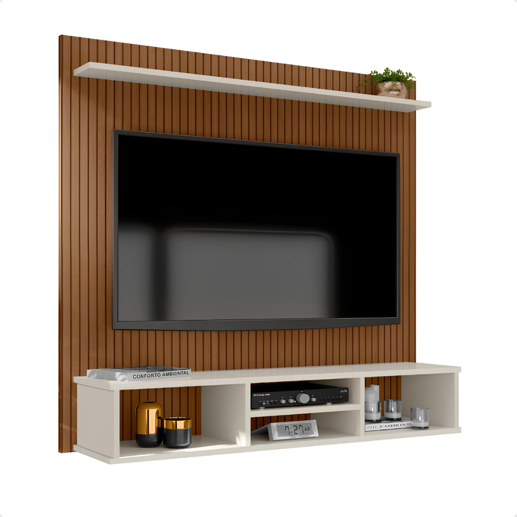 Painel Ripado para TV até 50 Polegadas com Nicho Espaçoso e Prateleira para Quarto Sala Home