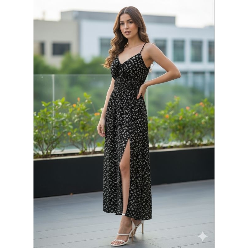 Vestido longo feminino festa romantic com fenda e bojo detalhe de amarrar na frente duna em Oferta na Shopee