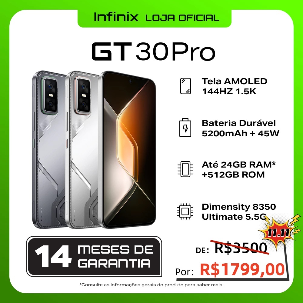 Infinix GT 30 Pro 12GB+512GB–Até 24GB de RAM Extendida–Dimensity 8350 Ultimate Câmera de 108MP NFC