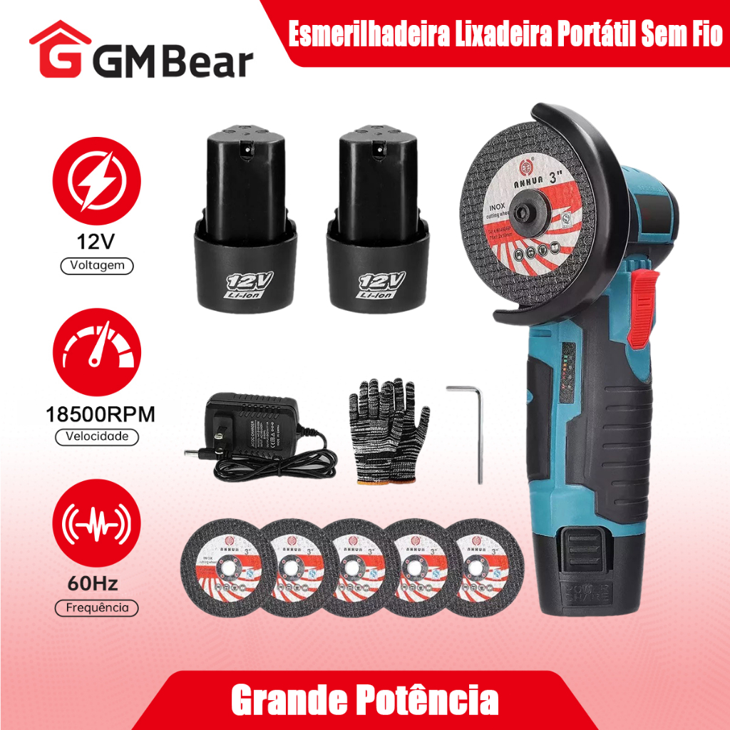 GM Bear Esmerilhadeira Lixadeira Portátil Sem Fio - Mini with Charger and 2 Batteries 1800mAh 76mm Angular