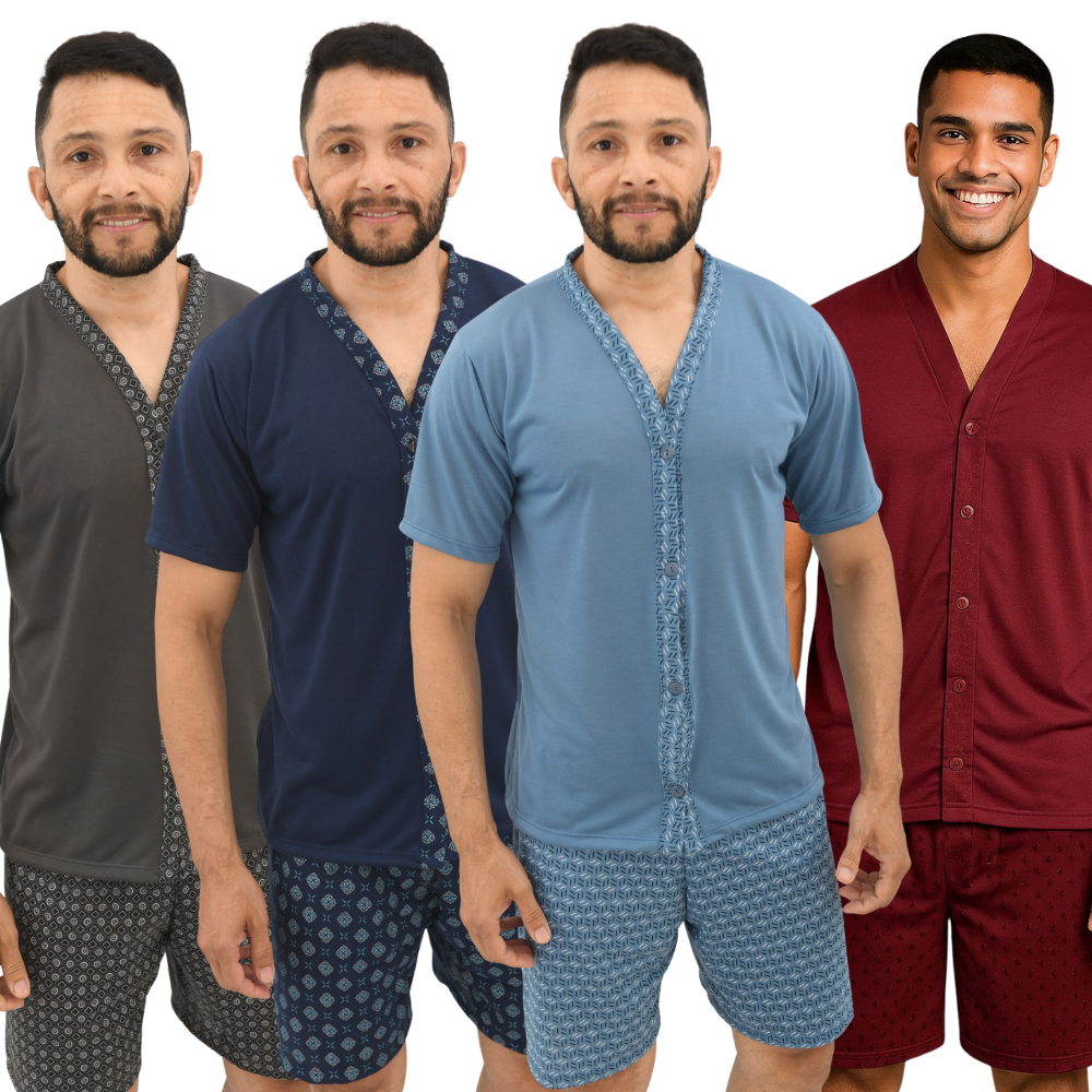 Pijama Curto Masculino Todo Aberto com Botões Confortável em Malha Adulto