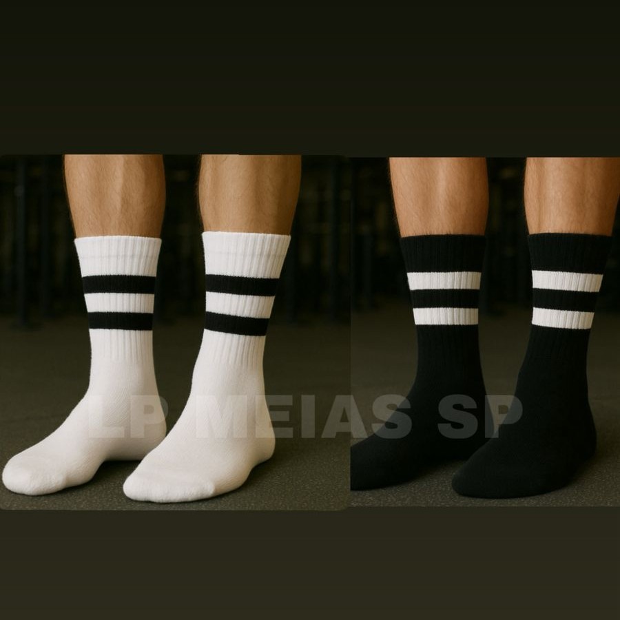 Meia Masculina Cano Alto Kit 3 a 12 Pares Confortável com Listras Ótima para Frio e Academia em Oferta na Shopee