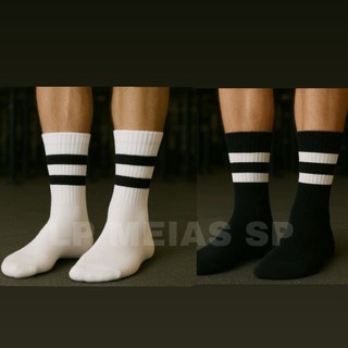 Meia Masculina Cano Alto Kit 3 a 12 Pares Confortável com Listras Ótima para Frio e Academia